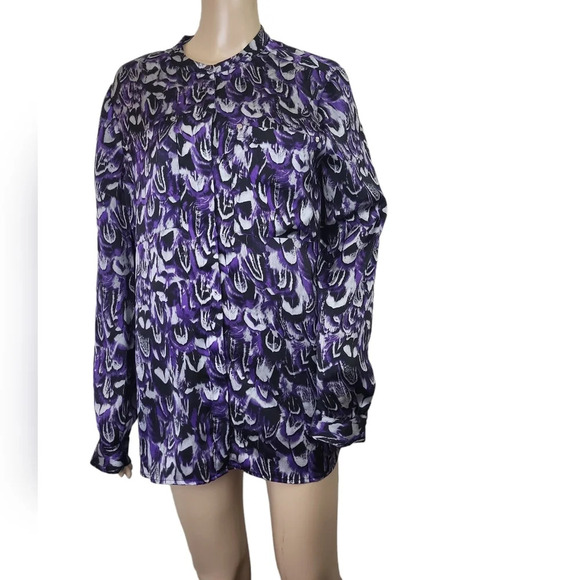 Michael Kors Large Purple Feather Print Chiffon Mandarin Collar Button-Up Blouse - Picture 1 of 4